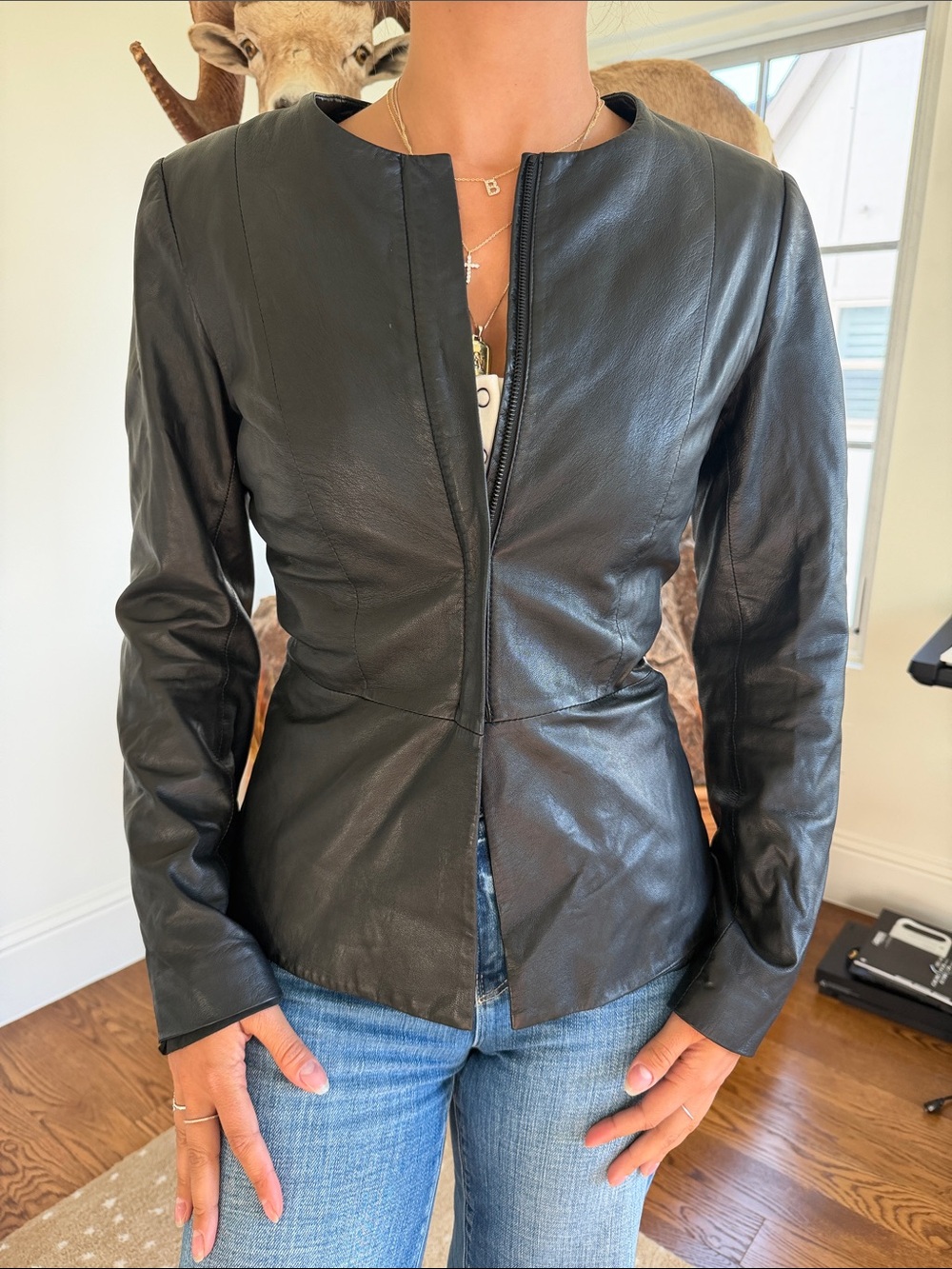 Theory Black Lamb Leather Collarless Zip-Front Jacket, size 6